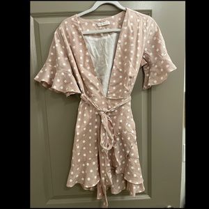 Beige & White Polka Dot Wrap Dress